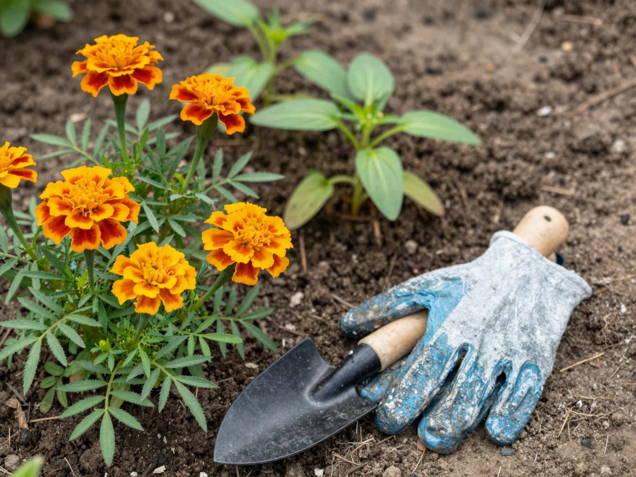 Marigold flowers planted next to young tomato seedlings in garden soil