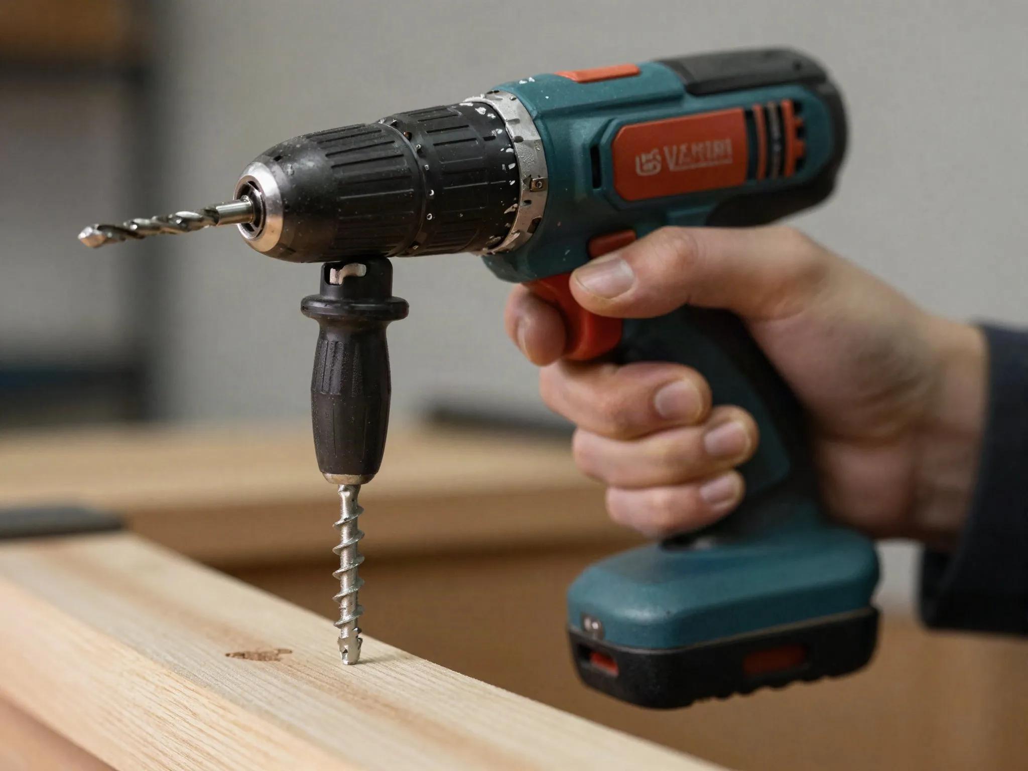 A hand driving a screw with a cordless drill, chuck and bit in sharp focus