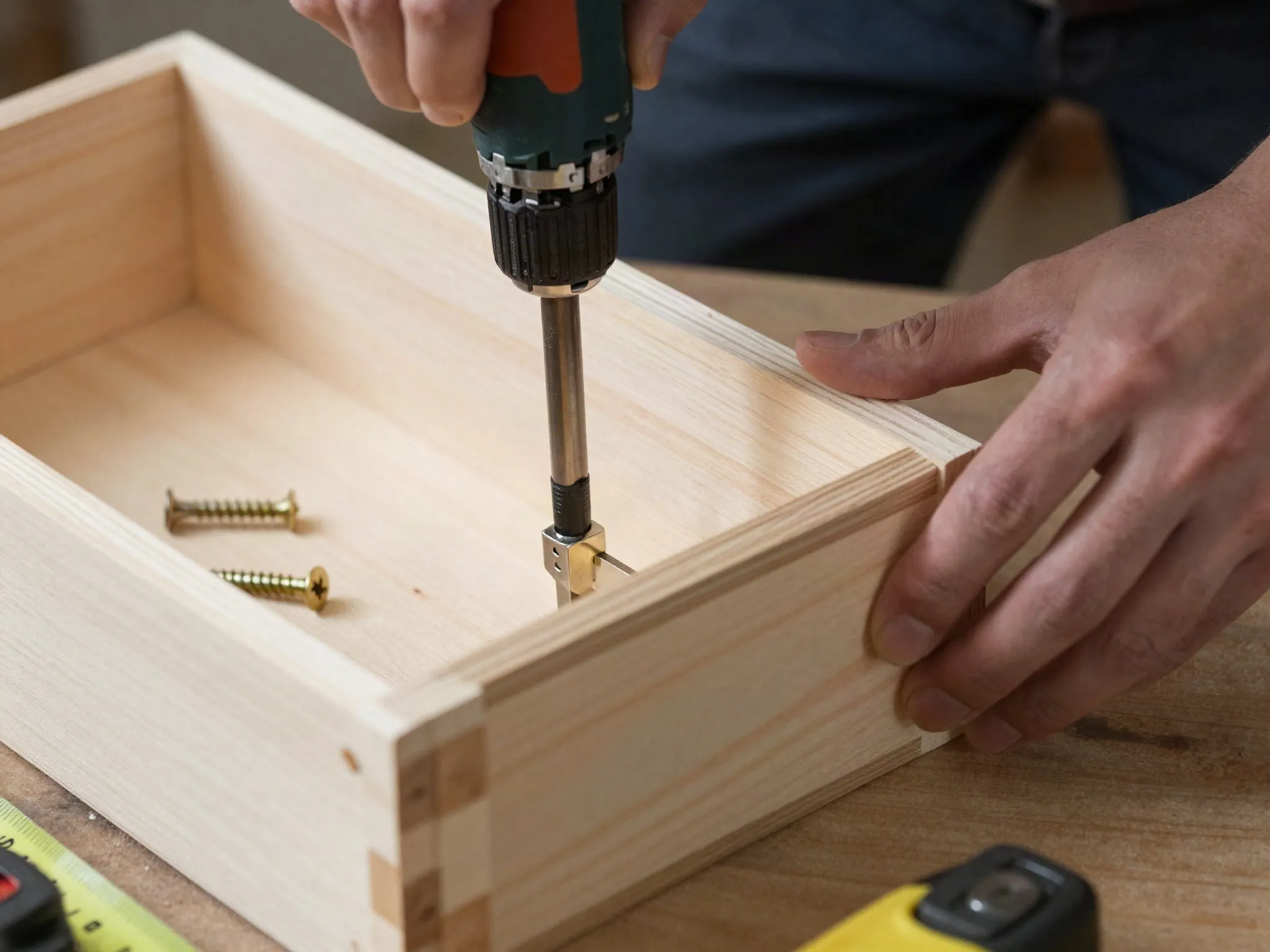Hands using a drill to assemble a wooden planter box frame with screws