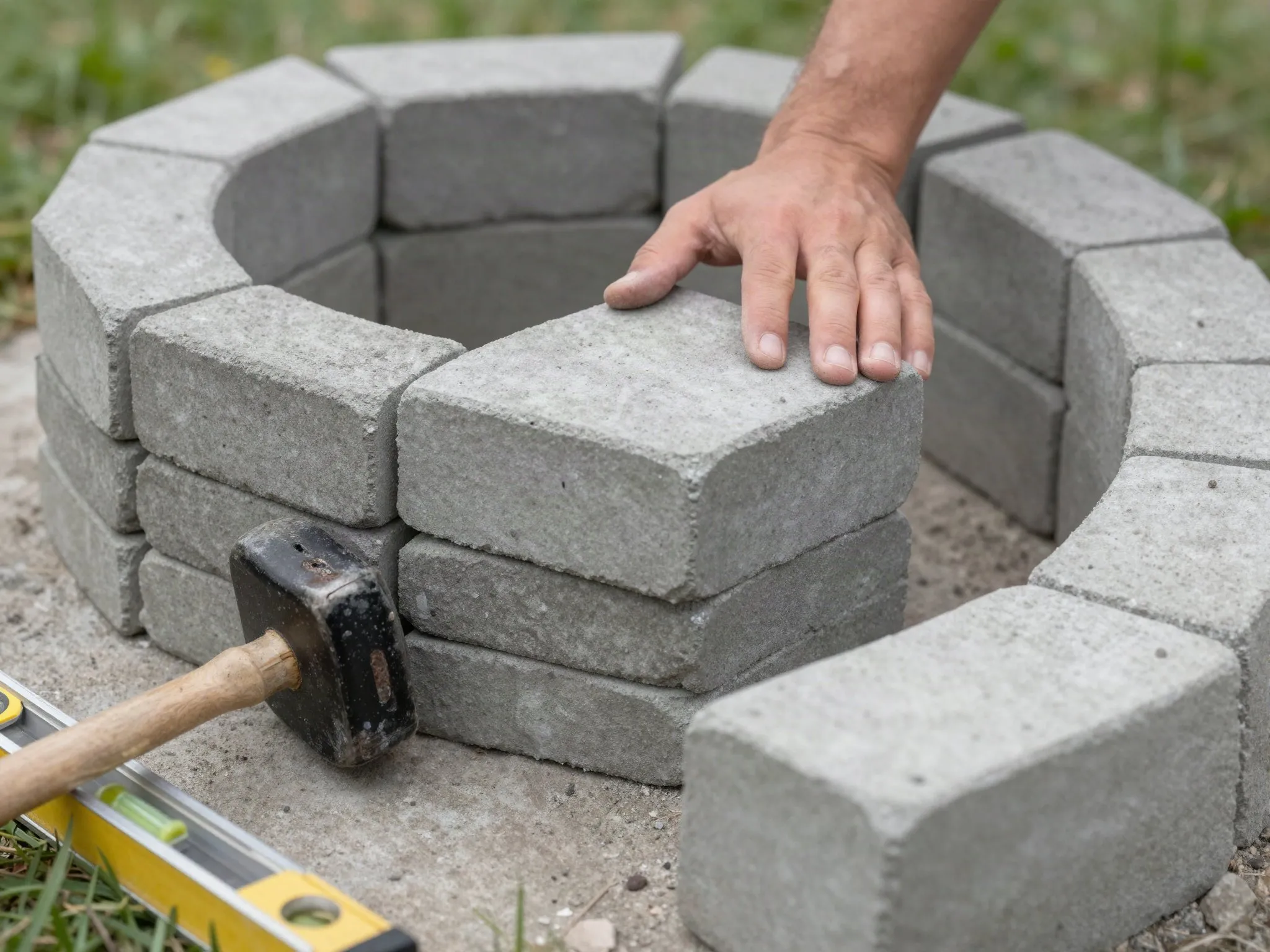 Hands stacking gray concrete capstones to build a circular fire pit wall