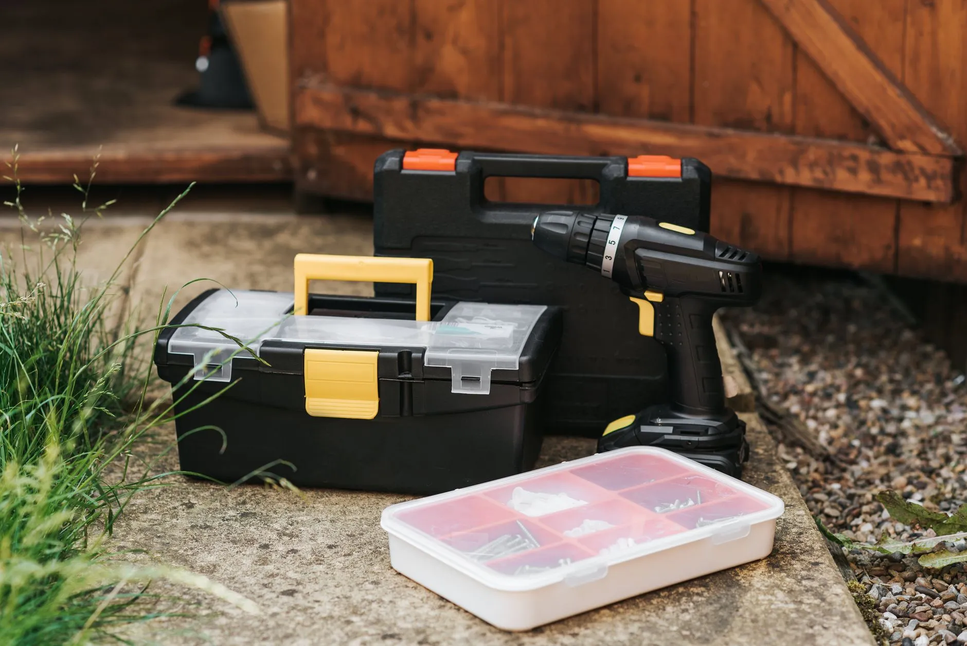 A case of cordless power tools and accessories