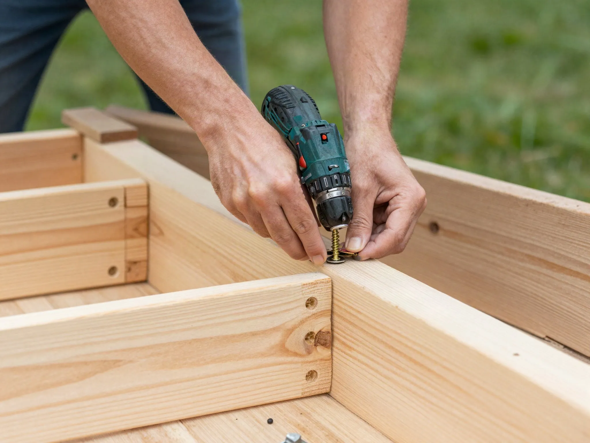 Hands assembling a cedar raised garden bed frame with a drill