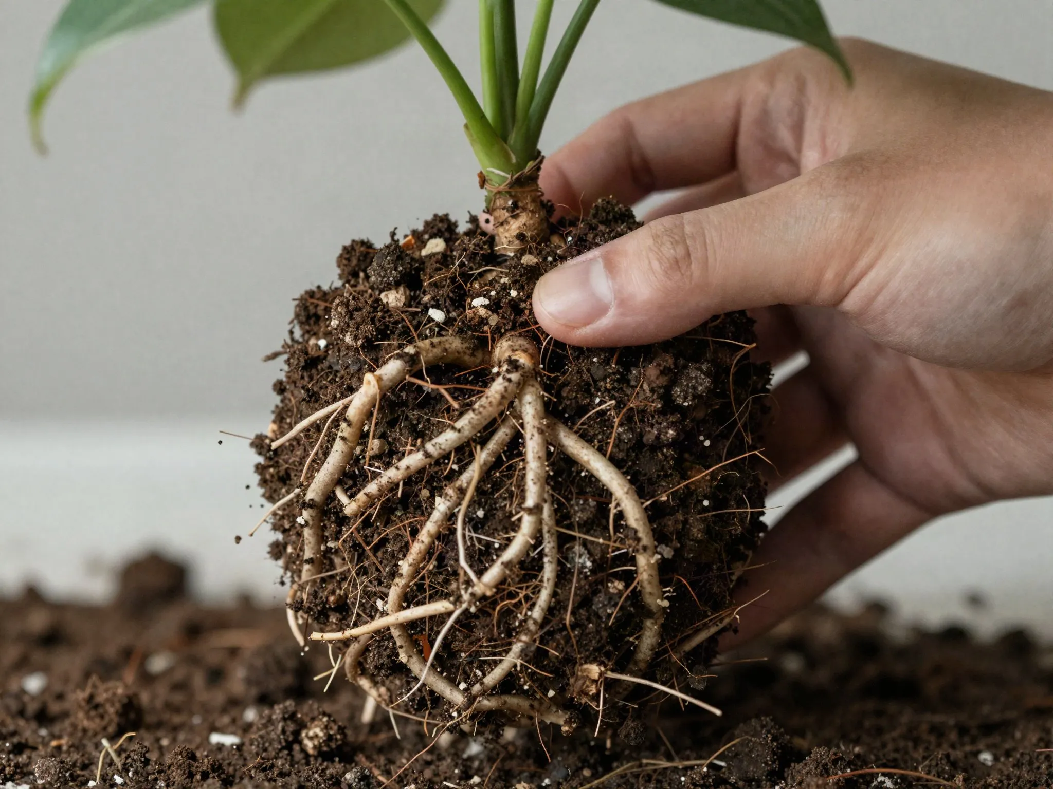A root-bound houseplant root ball being gently loosened by hand before repotting