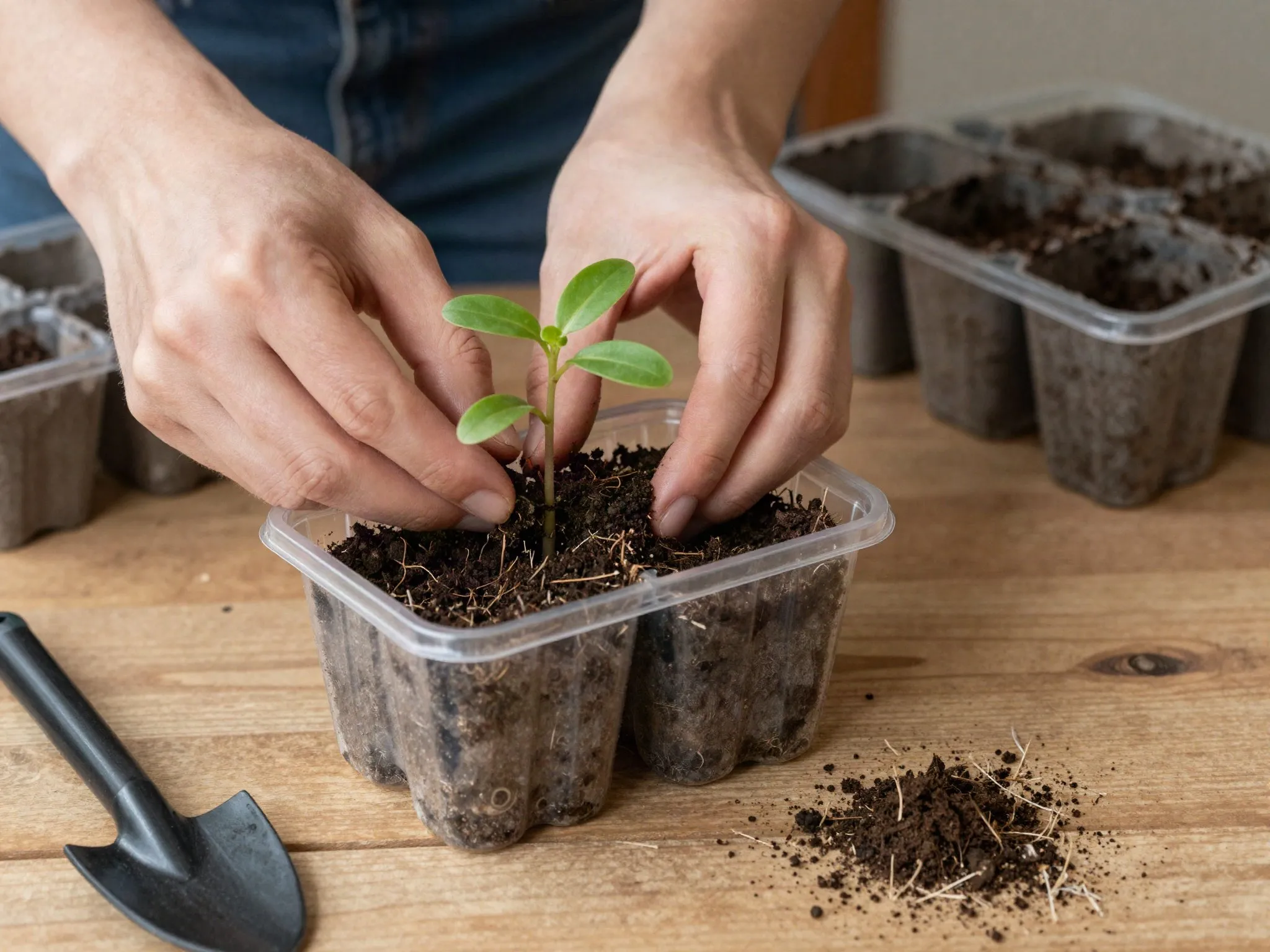 A hand transplanting a small seedling from a plastic tray into a peat pot