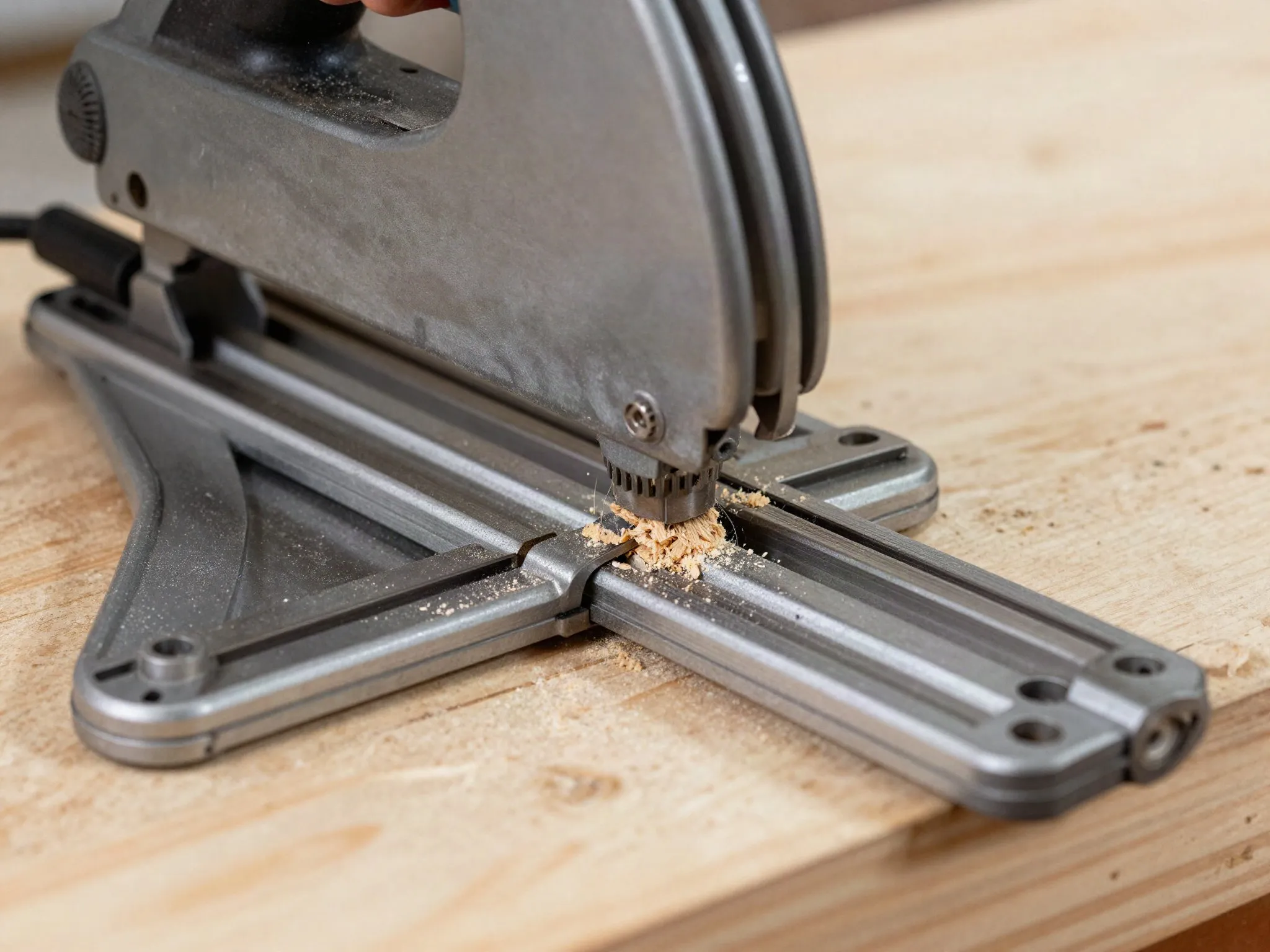 A track saw with guide rail cutting cleanly through a plywood sheet
